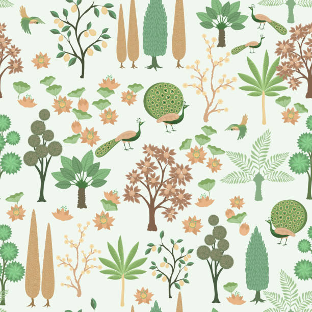 seamless pattern with garden, palms, lotus, peacoc vector art illustration