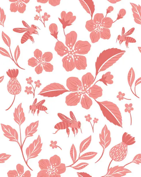 Vector illustration of Pattern with Cherry blossom and bees