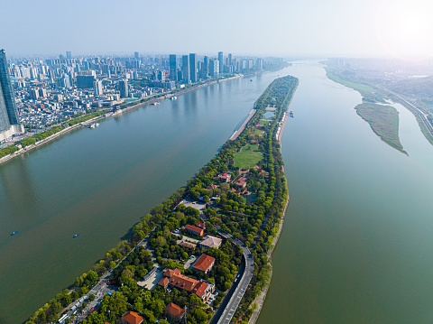 Aerial view of the Xiangjiang River in Changsha, Hunan, China