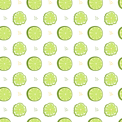 Seamless pattern of green slices of citrus lime and bergamot. Vector illustration isolated on a white background for fabric, decor and wrapping paper
