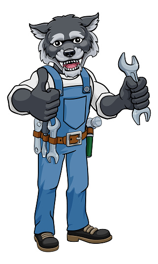A wolf cartoon animal mascot plumber, mechanic or handyman builder construction maintenance contractor holding a spanner or wrench and giving a thumbs up