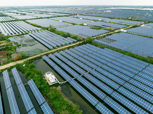 istock Aerial view of solar panels on water 1484445204