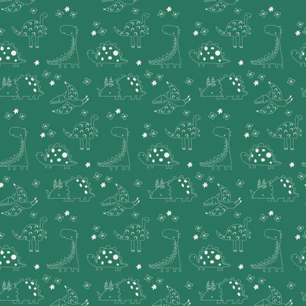 Vector illustration of seamless pattern with dinosaurs in a linear style