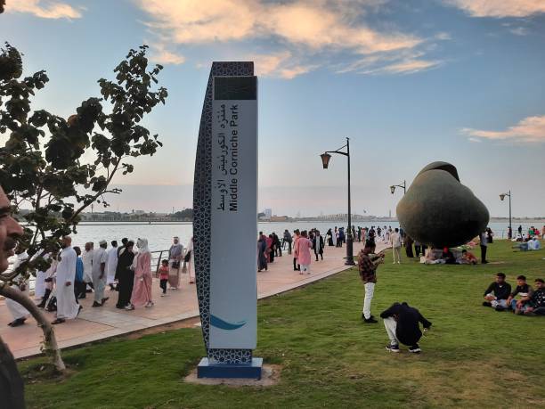 Beautiful evening view of Jeddah Corniche. Beautiful evening view of Jeddah Corniche. A large number of people are seen in the park of Jeddah Corniche. saudi arabia jeddah landscape stock pictures, royalty-free photos & images