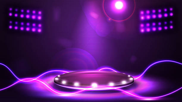 istock Podium for product presentation with spotlights and line neon waves lasers around 1484447699