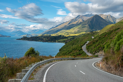 Stunning road from Queenstown to Glenorchy the northern end of Lake Wakatipu in the South Island region of Otago, New Zealand.
