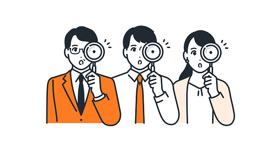 Simple vector illustration material of three business people examining with a magnifying glass