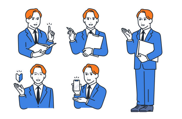 Simple vector illustration set material of a young man in a suit Simple vector illustration set material of a young man in a suit sales pitch illustrations stock illustrations