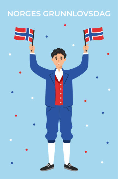 Man in traditional Norwegian costume (bunad) raising national flags. Norway Constitution Day (Norges Grunnlovsdag) greeting card. National holiday 17 May. Man in traditional Norwegian costume (bunad) raising national flags. Norway Constitution Day (Norges Grunnlovsdag) greeting card. National holiday 17 May. Vector illustration in flat style. Number 17 stock illustrations