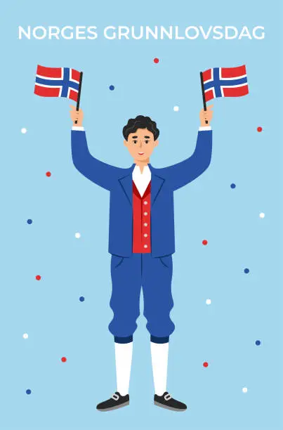 Vector illustration of Man in traditional Norwegian costume (bunad) raising national flags. Norway Constitution Day (Norges Grunnlovsdag) greeting card. National holiday 17 May.