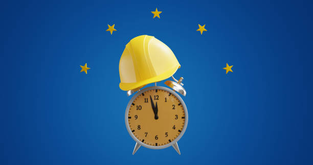 istock Happy Labor Day. Protective helmet for an alarm clock. 3d rendering 1484452259