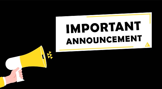 Important announcement poster with hand holding megaphone. Break news, message or information banner. Flat marketing, business vector background of business communication announcement