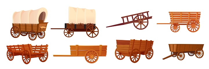 Wooden wagons. Covered tent wagon, farm handicraft vehicles old cartoon carts or western wheelbarrows, wild west carriage cowboy travel cart, ingenious vector illustration of cart for west farm