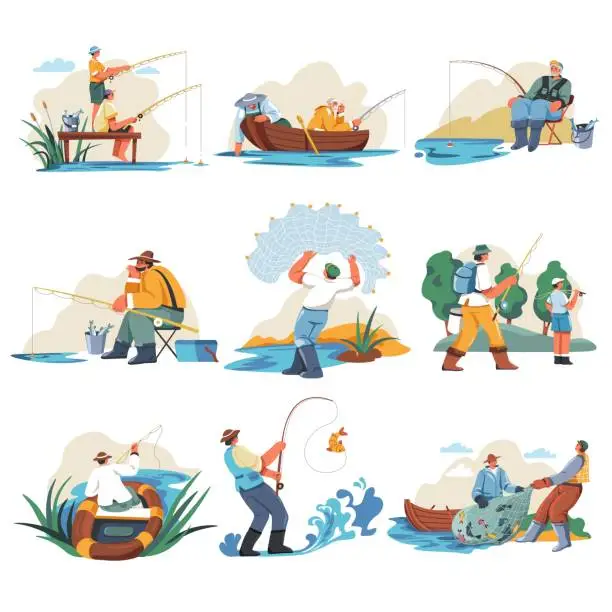 Vector illustration of Fisherman character leisure. Fishermen on lake shore, cartoon fisher holding fishnet catch river fish, fishing rod boat angler hobby action recreation, recent vector illustration