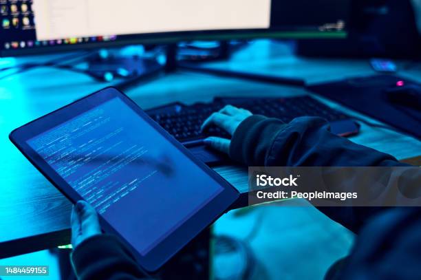 Tablet Html Screen And Programmer Hands With Coding Software System For ...