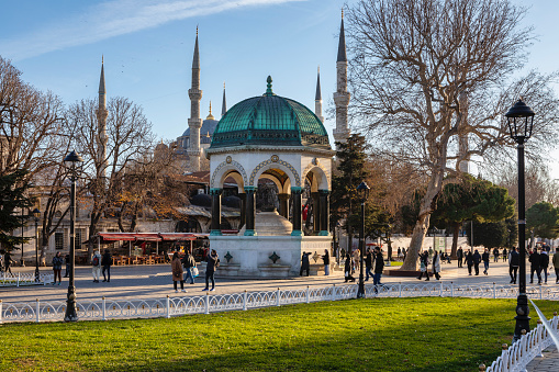 Istanbul, Turkey - Jan 9, 2023: German Fountain from Sultanahmet Square. Istanbul, Turkey. Popular tourist destination.