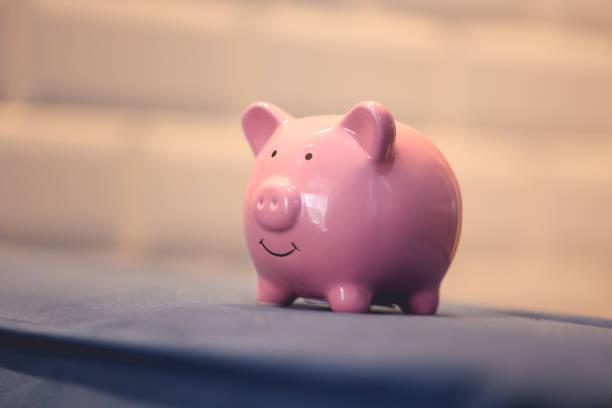 istock A ceramic piggy bank on a blue sofa. 1484461549