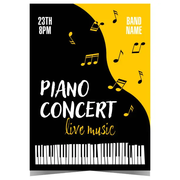 Vector illustration of Live piano music concert or festival promotion banner or poster with black grand piano and musical notes on yellow background.