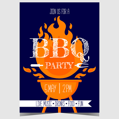 BBQ party invitation for outdoor picnic and steak cooking on the flame of a grill. Barbecue party poster or banner for grill time weekend with friends and family. Ready to print vector illustration.