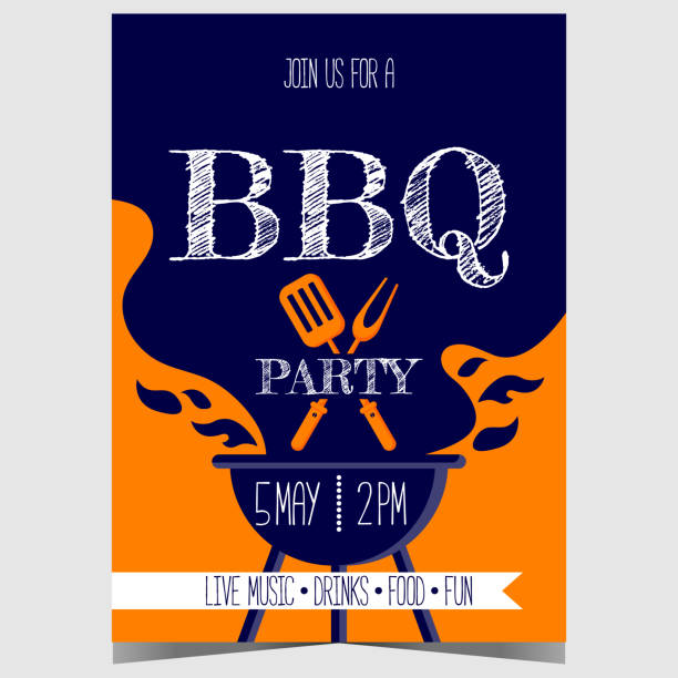 Barbecue party invitation poster with grill filled with flame and charcoal smoke. Barbecue party invitation poster with grill filled with flame and charcoal smoke, fork and turner spatula ready to grill, fry and roast the beef or pork steak during the bbq weekend outdoor picnic. barbecue meal stock illustrations