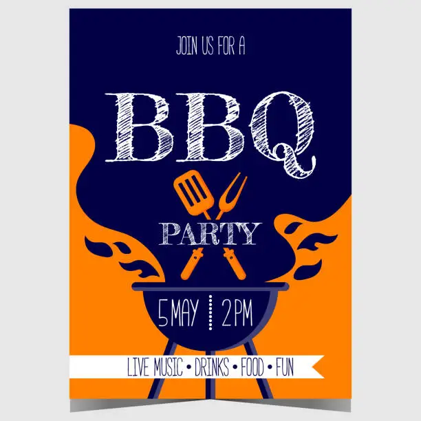 Vector illustration of Barbecue party invitation poster with grill filled with flame and charcoal smoke.