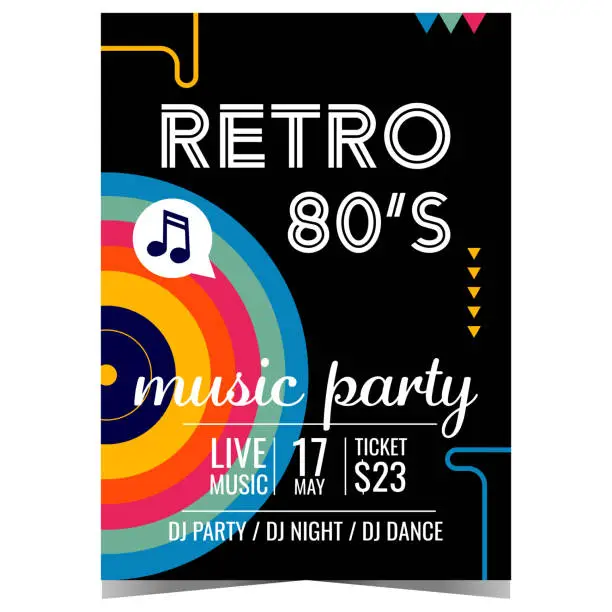 Vector illustration of Retro music party invitation and promotion banner or poster with retro colored vinyl record player on black background.
