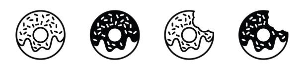 Bakery icon vector Donuts icon vector. Donut icons in line and flat style. Bitten donut, bakery, desserts, sweet donut with sprinkles sign and symbol. Bakery sign and symbol. Vector illustration doughnut stock illustrations