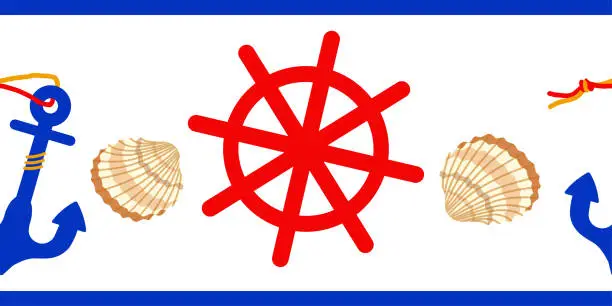 Vector illustration of Marine elements anchor, rudder and shells on white background.