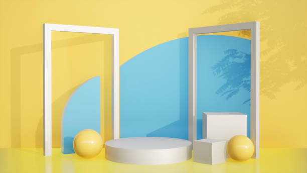 istock Abstract 3D products display podium showcase for scene with geometric shape. 3d rendering stage to show cosmetic products. Lighting in luxury blue and yellow for white frame in studio 1484465287