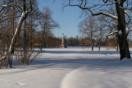 The Chesmenskaya Column in the Catherine Park in Tsarskoye Selo on a sunny winter day, Pushkin, St. Petersburg, Russia