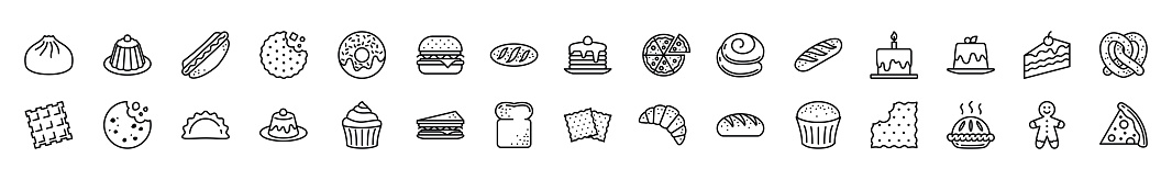 Bakery icons vector set in line style. Bread, cupcake, pancake, donut, cake, pudding, biscuit, cookies, pie, humberger, pizza, sandwich, hot dog icon for apps and website symbol illustration