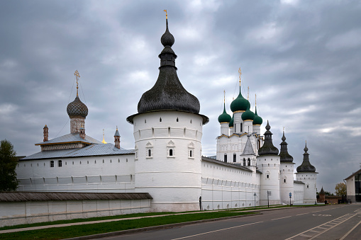 View of the Hodegetria Tower, the walls of the Metropolitan court,  entrance gate to the museum and  the Church of St. John the Theologian in the Rostov Kremlin, Rostov the Great, Yaroslavl region