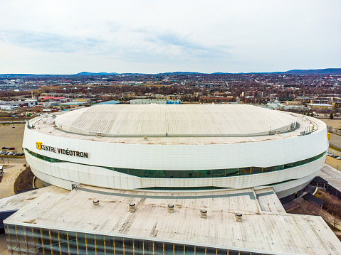Aerial view of facade of Videotron Center, the Sport and show area of Quebec city, inaugurated September 8th, 2015 hoping to attract a NHL hockey team. Quebec city used to be the host of the Nordiques.
