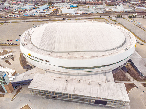 Aerial view of facade of Videotron Center, the Sport and show area of Quebec city, inaugurated September 8th, 2015 hoping to attract a NHL hockey team. Quebec city used to be the host of the Nordiques.