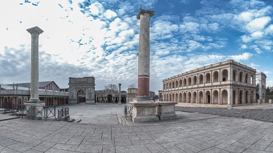 Rome, Italy, February /12/2023: Cinecittà film studios in Rome set design of ancient Rome