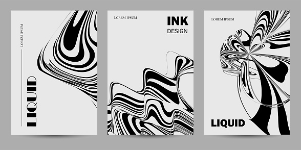 Vector black and white wavy ink liquid effects poster card design template banner illustration,Abstract Backgrounds