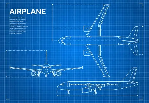 Vector illustration of Outline plane aircraft blueprint, airplane design