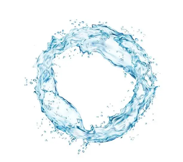 Vector illustration of Round water splash, wave or swirl with blue drops