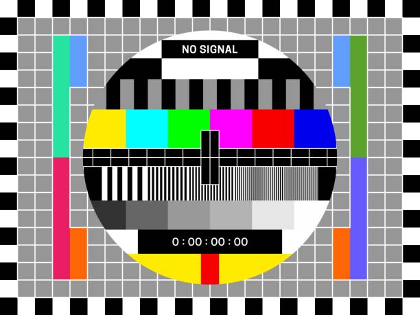 TV signal test screen, retro television color test TV signal test screen, retro television color test of broadcast pattern, vector old video background. TV end display with screen test grid, picture quality and television color calibration diagram film screening stock illustrations