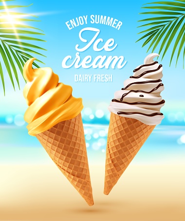 Realistic ice cream cones, summer beach dessert and tropical landscape. Vector 3d waffle cones of vanilla and mango fruit soft serve ice cream on green palm leaves, sand beach and sea waves background
