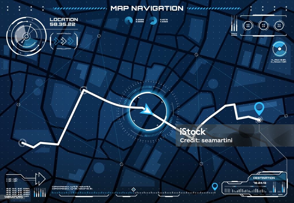 Map With Navigation Hud City Map Navigation Interface Screen And Route Stock Illustration ...