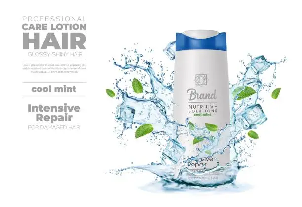 Vector illustration of Menthol shampoo bottle with corona water splash