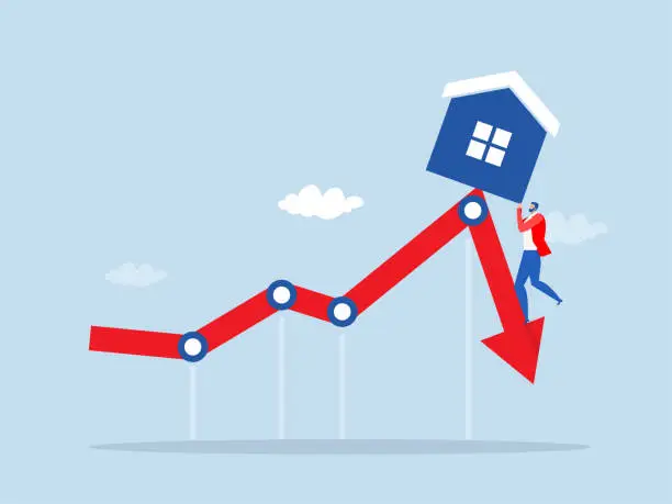 Vector illustration of Business man in real estate or housing price rising low prices ,Property and housing market collapse Recession, Housing Crisis Real estate. The housing market is falling.vector illustrator.