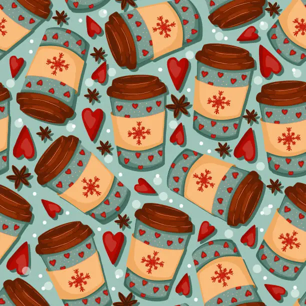 Vector illustration of Endless pattern with cocoa mugs. Digital paper winter theme. Hot drink