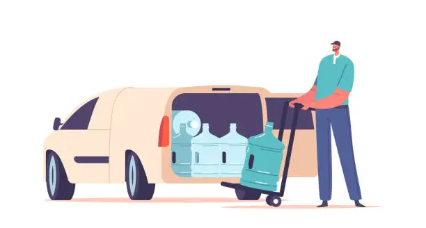 Vector illustration of Express Water Delivery Company Employee on Van Pushing Trolley with Plastic Water Bottles for Home or Office Cooler
