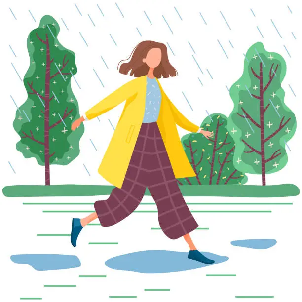 Vector illustration of Vector nice young woman in coat walking in rain without umbrella cartoon girl enjoyed autumn weather