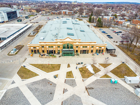 Aerial view of Public Grand Marche of Quebec city during springtime day with of part of Jean-Beliveau square.