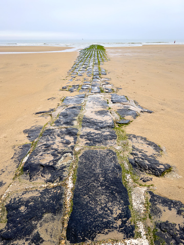 Stone breakwater at low tide in Middelkerke, a coastal community in West Flanders, Belgium.