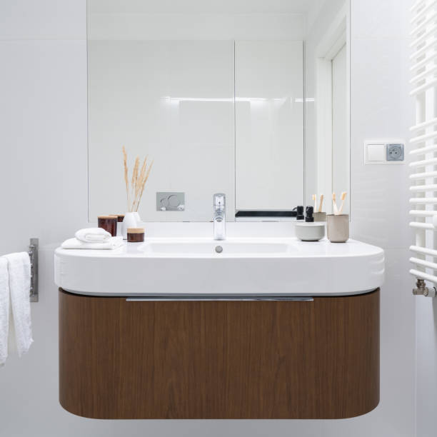 istock Big bathroom washbasin with wooden drawer 1484475711