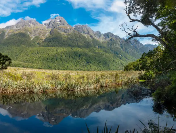 Photo of Mirror lake and Earl Mountains  along State Highway 94 between Te Anau and Milford Sound, Fiordland National Park, South Island, New Zealand